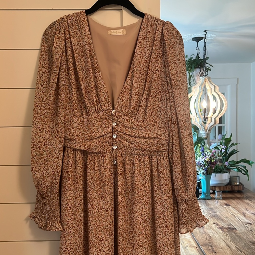 Altar'd State Brown Gown with Plunge Neckline and Bishop Sleeves size M